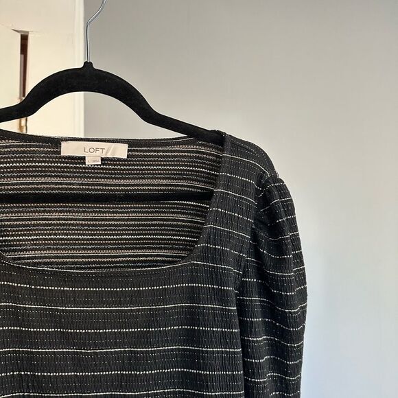 Loft Black and Silver Shimmer Puff Sleeve Square Neck Striped Women's Top Size L - Picture 6 of 9